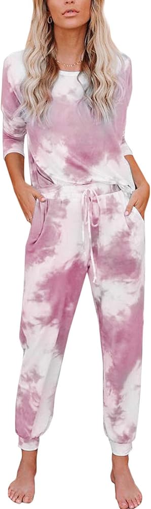 Flygo Womens Two Piece Pajamas Tie Dye Printed Long Sleeve Tops and Pants Joggers Sleepwear PJ Sets Nightwear Loungewear