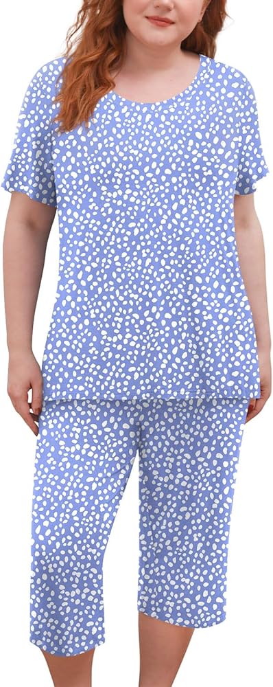 POPYOUNG Plus Size L-5XL Short Sleeves Tunic Top Womens Pajamas sets with Comfy Capri Pants Sleepwear Pjs Sets with Pockets 4XL,Purple-Spotted white