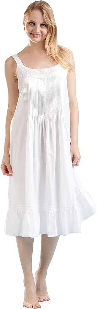 LA CERA Women's 100% Cotton White Nightgown, Sleeveless, Scoop Neck, Vintage Pinafore Gown