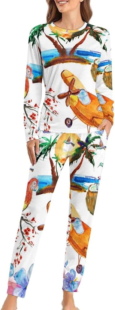 Hawaii Beach Palm Tree And Parrot Womens Pajama Sets Long Sleeve Top And Pants Soft Comfortable Sleepwear Loungewear Set