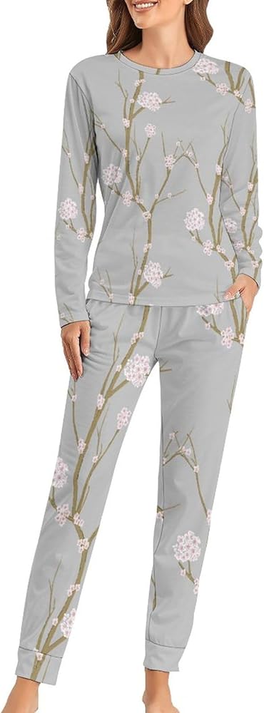 Cherry Blossom Flower Women's Pajamas Set Long Sleeve Sleepwear Soft Pjs Lounge Sets with Pockets