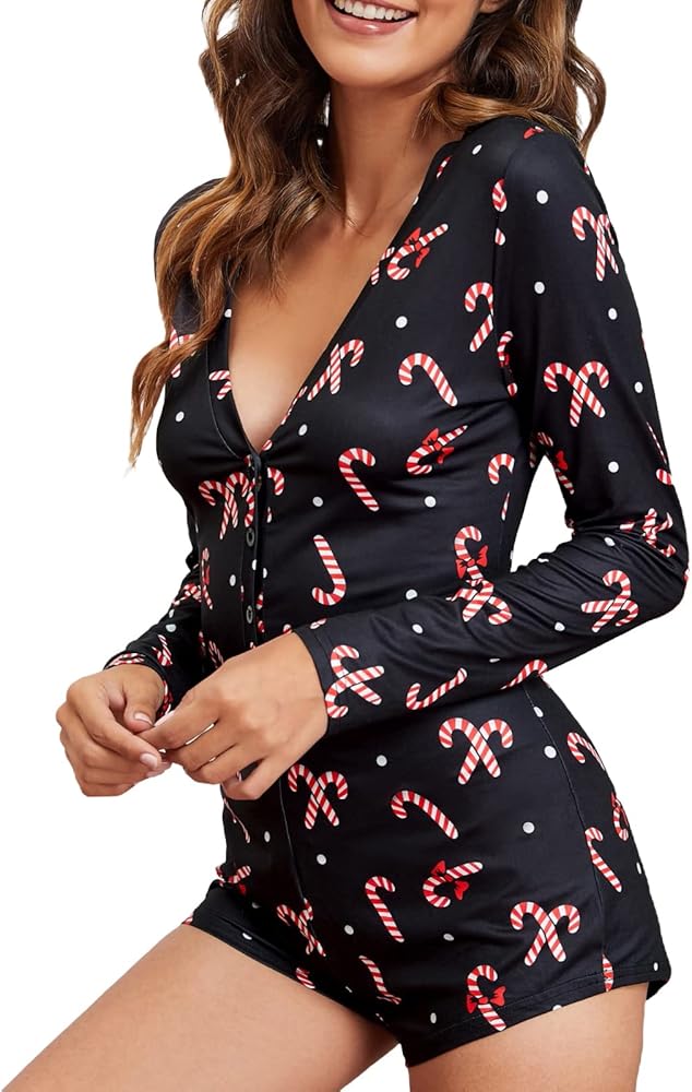 NUFIWI Women Christmas Pajamas Romper Bodycon Printed Jumpsuit Shorts Xmas One Piece Pjs Sleepwear