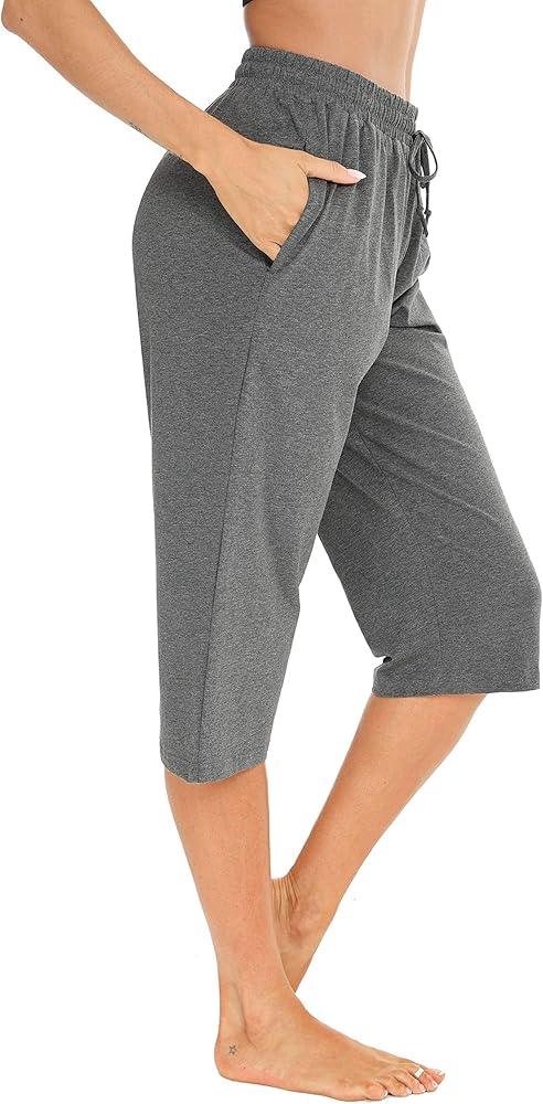 Vlazom Cotton Women's Pajama Bottoms Capri Lounge Pants Casual Cropped Pjs Trouser with Pockets & Drawstring