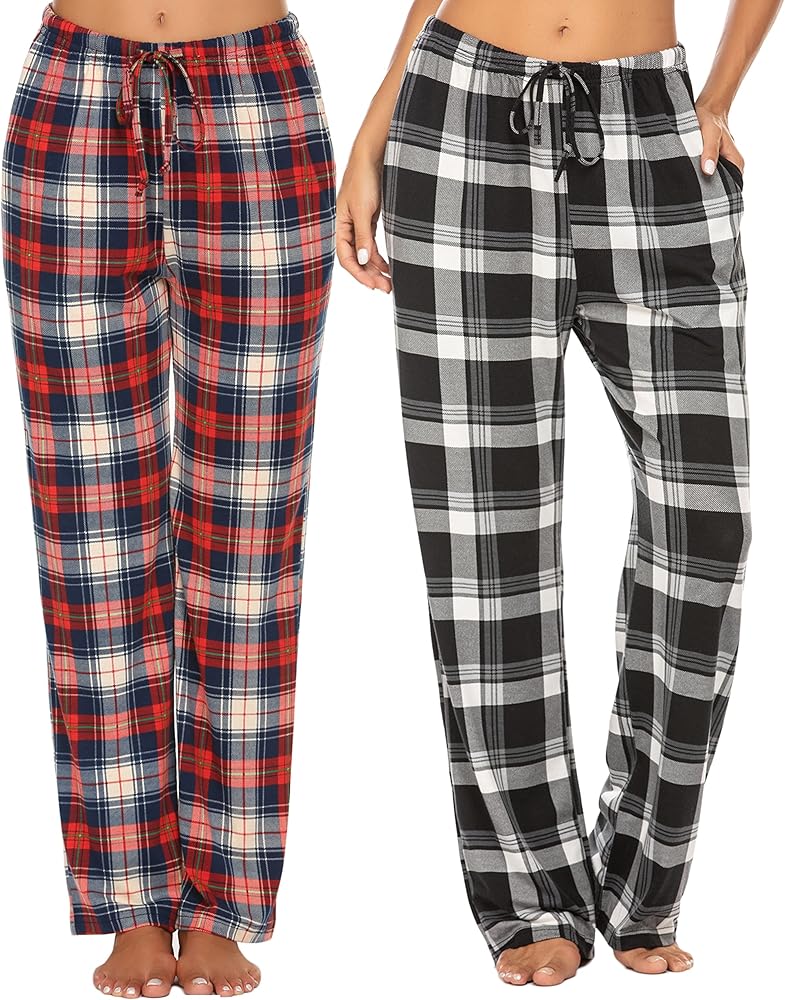 Ekouaer Womens 2 Pack Lounge Pants Comfy Pajama Pants Plaid Pajama Bottoms with Pockets Drawstring Pj Bottoms Pants