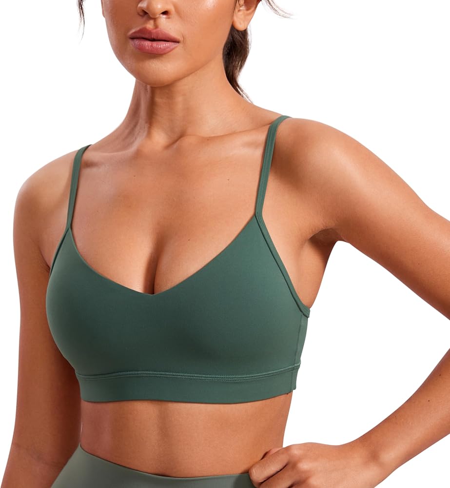 CRZ YOGA Butterluxe V-Neck Sports Bras for Women - Adjustable Thin Straps Padded Yoga Bra Basic Wireless Bra Camisole