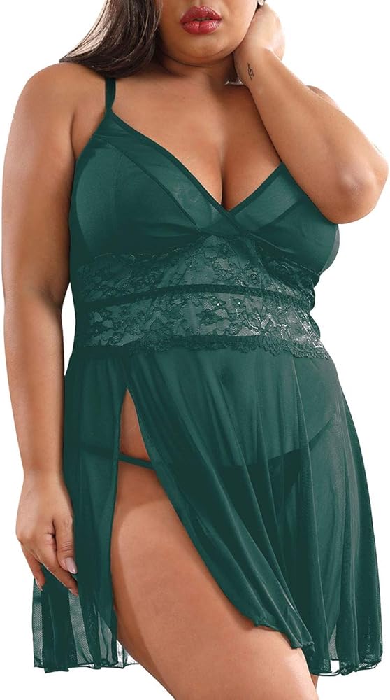 XAKALAKA Women's Plus Size Lingerie Babydoll Front Slit Lace Mesh Chemise Sleepwear