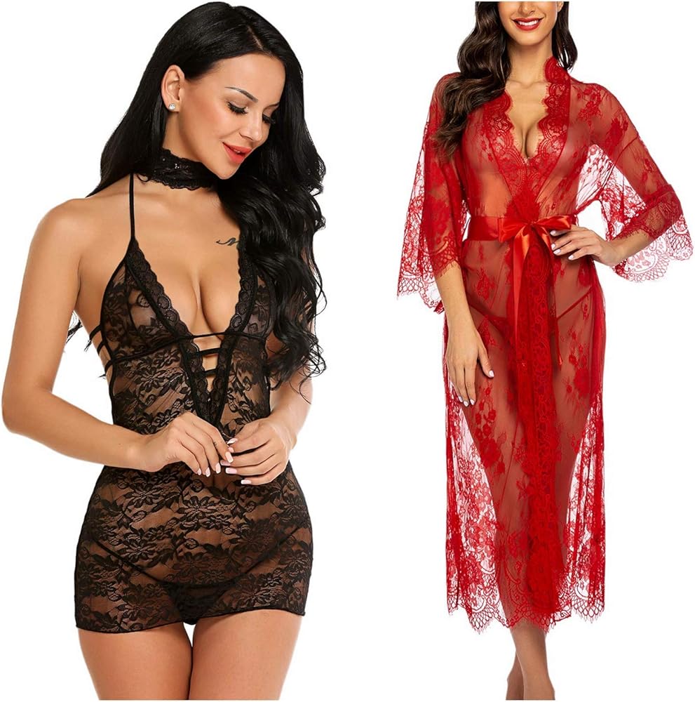 Avidlove Women Babydoll Lingerie (Black,Large) and Women Long Kimono (Red,Large)