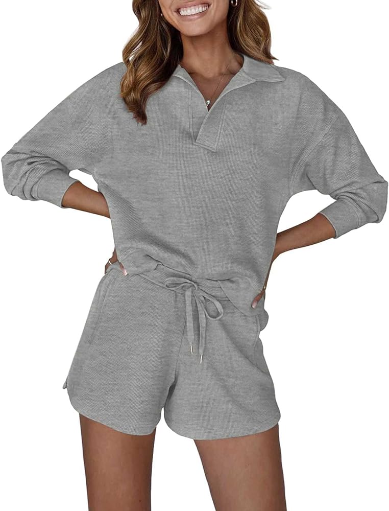 MEROKEETY Women's 2 Piece Waffle Knit Lounge Sets Long Sleeve Shorts Outfits Pjs with Pockets