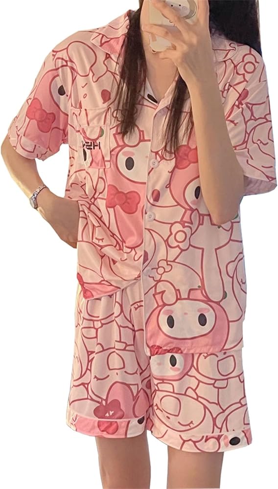 Kawaii Cartoon Pajamas for Women Girls Sleepwear Loungewear Short Sleeve Shirt with Shorts 2 Piece Pajama Sets