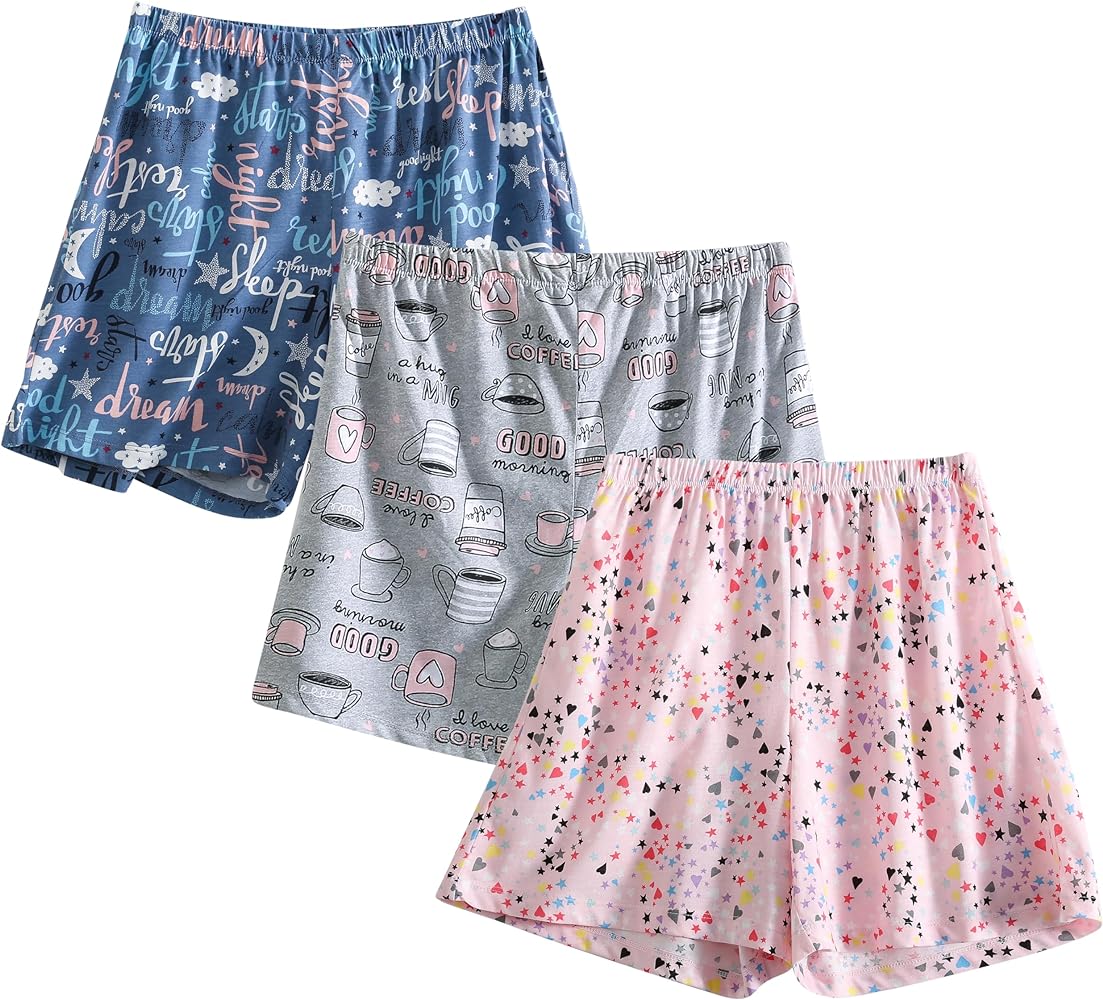 PNAEONG 3 Pack: Womens Pajamas Shorts Set Soft Elastic Waist Lounge Shorts Printed PJ Bottoms