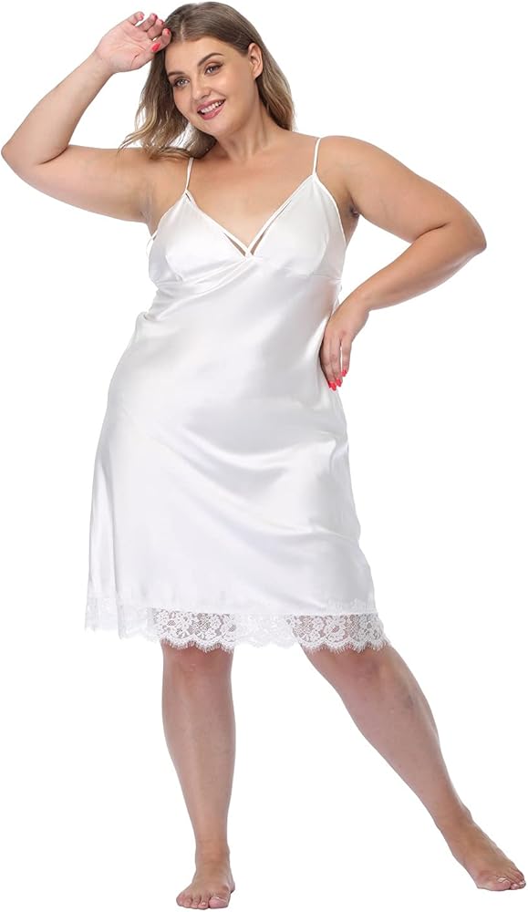 Women Plus Size Lingerie Sexy Satin Nightgown Silk Lace Chemise Full Slip Sleepwear Soft Loungewear V Neck Negligee