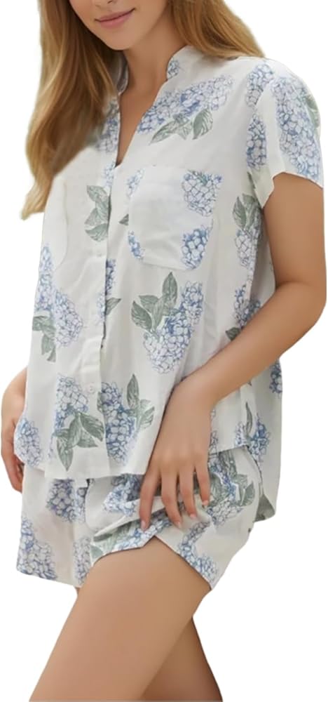 Women's Short Sleeve Button down Printed Pajama Sets Summer 2 Piece Shorts Soft Sleepwear