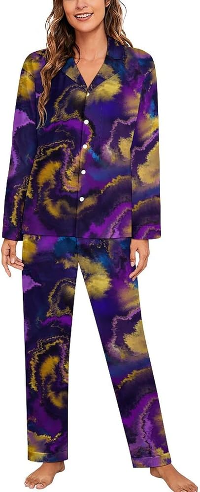 Abstract Colorful Fluid Art Women's Long Sleeve Button Down Sleepwear Soft Nightwear Lounge Pajamas Set