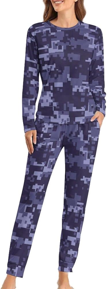 Blue Camouflage Camo Womens Pajama Sets Long Sleeve Top And Pants Soft Comfortable Sleepwear Loungewear Set