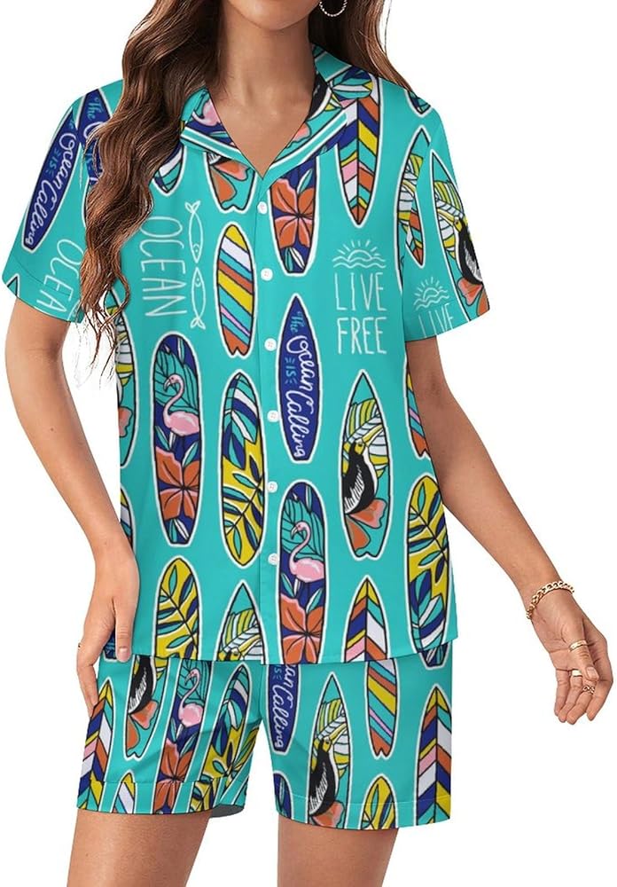 Surfboards with Stylish Phrases Women's Pajamas Set Two Piece Button Down Sleepwear Short Sleeve And Shorts Loungewear