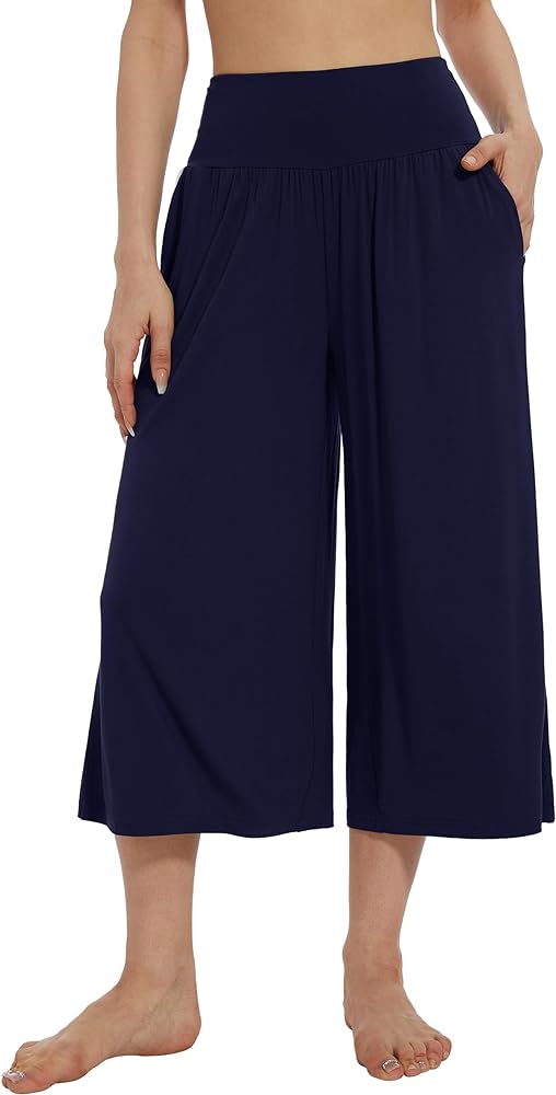 WiWi Women's Wide Leg Capri Pants Viscose from Bamboo Palazzo Lounge Bottoms with Pockets High Waist Pajama Bottom S-XXL