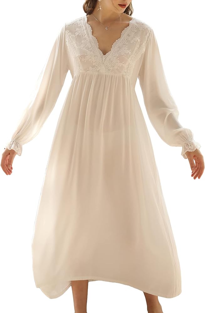 Lu's Chic Women's Long Sleeve Nightgown Cotton Pajama Dress Sleep Victorian Night Gown V Neck