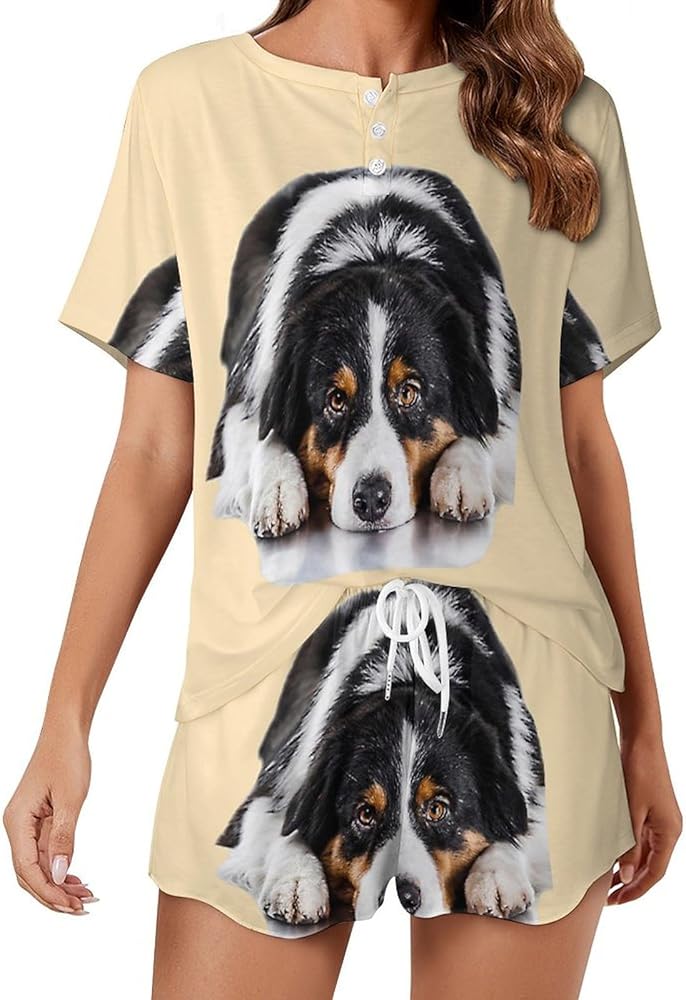 Australian Shepherd Dog Women's 2 Piece Pajamas Short Sleeve Shorts Sleepwear Set Causal Loungewear Home Suit 5XL