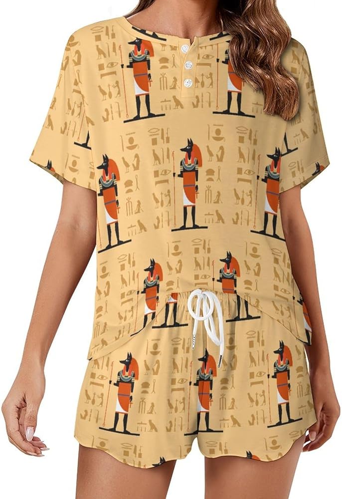 Egypt Anubis Women's 2 Piece Pajamas Short Sleeve Shorts Sleepwear Set Causal Loungewear Home Suit 4XL