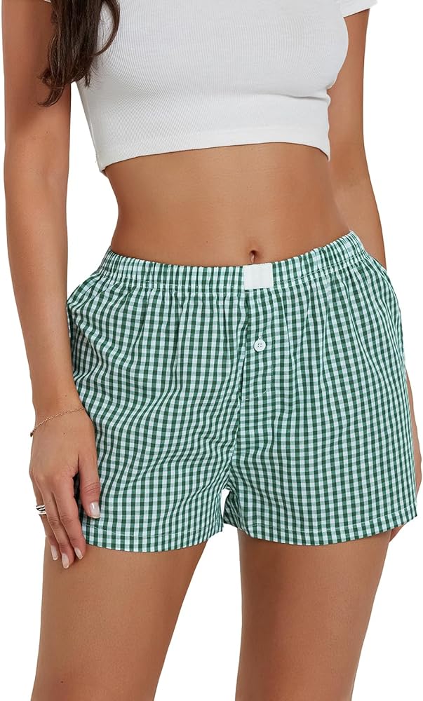 Y2k Women's Plaid Pajama Shorts Cute Elastic Low Waist Checkered Bottoms with Button Front Gingham PJ Boxers Shorts