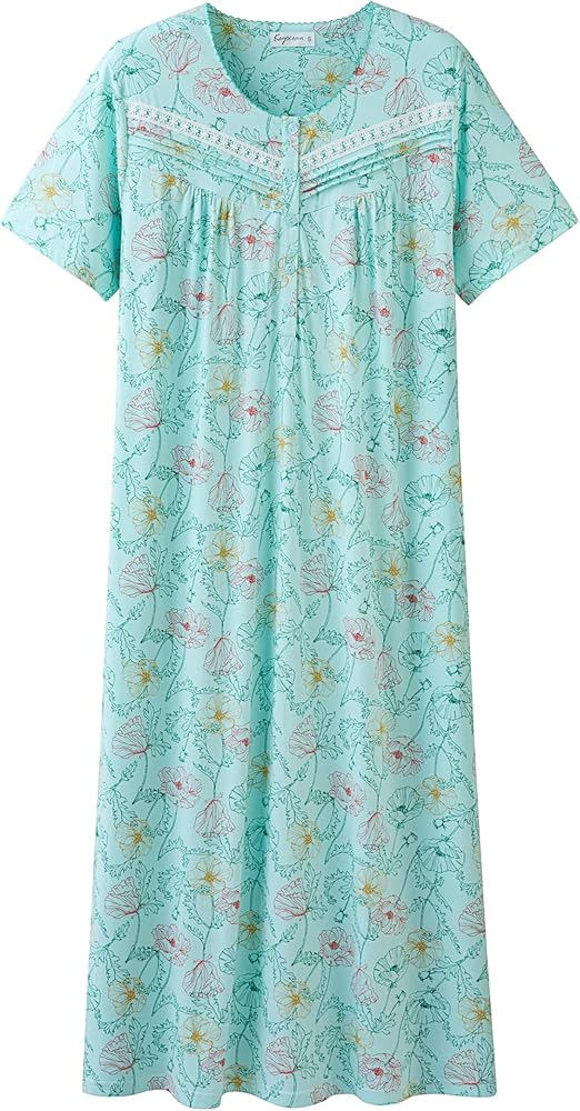 Keyocean Women Nightgowns, Soft 100% Cotton Short Sleeves Comfy Ladies Nightdress