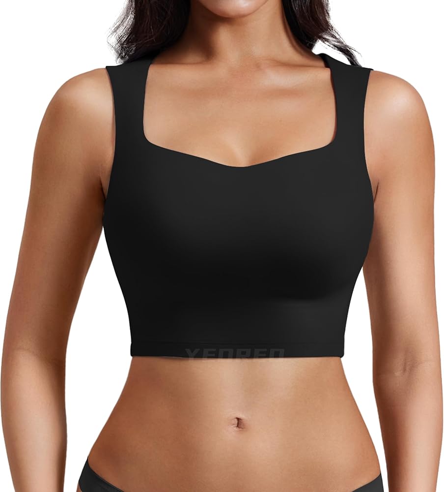 YEOREO Workout Top for Women Sleeveless Square Neck Sport Crop Top Built in Bra Tank Top Athletic Gym Cami Heart Collar