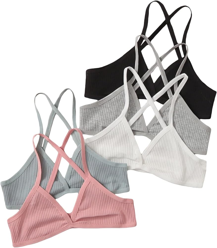 COZYEASE Women's 5 Piece Solid Ribbed Knit Criss Cross Wireless Bralettes Underwear