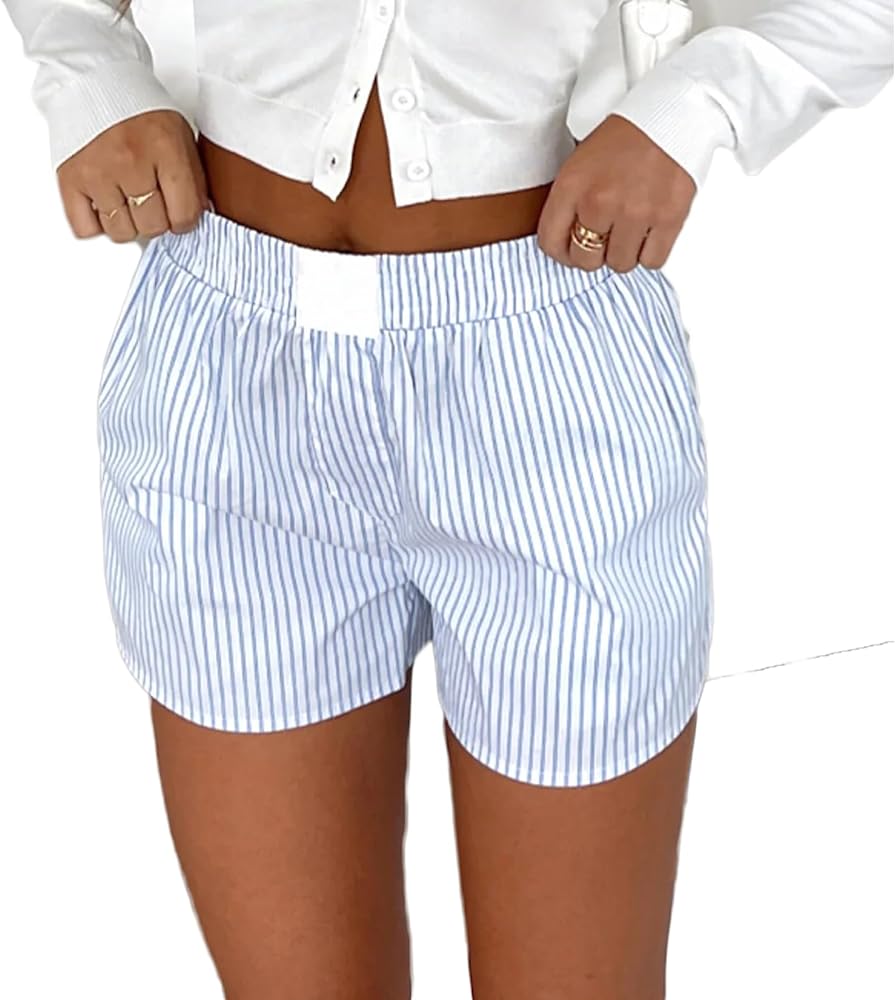 Women Y2k Striped Pajamas Boxers Shorts Elastic Waist Cute Pj Bottoms Summer Casual Lounge Short