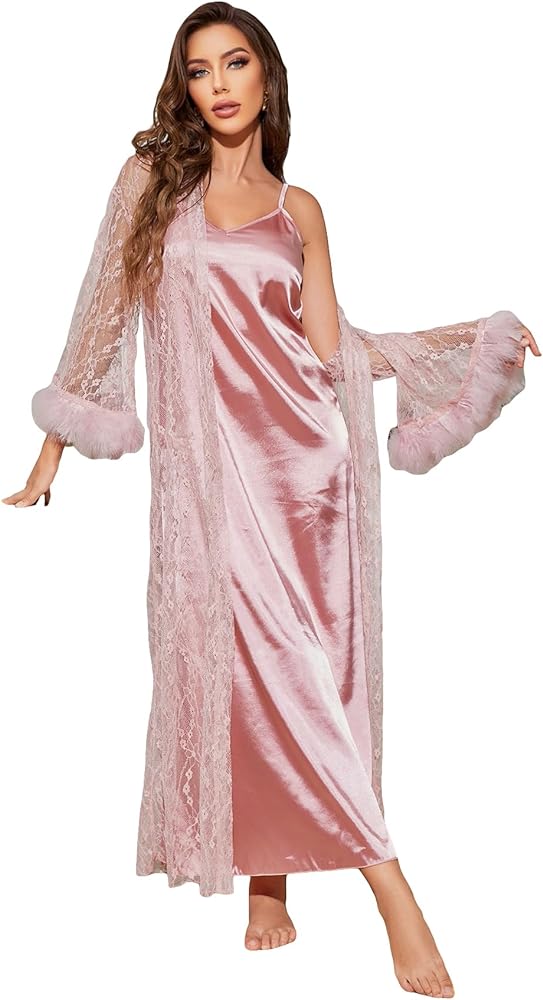 OYOANGLE Women's 2 Piece Pajama Set Fuzzy Trim Lace Long sleeve Sleep Robe and Satin Cami Nightdress PJ Set Sleepwear