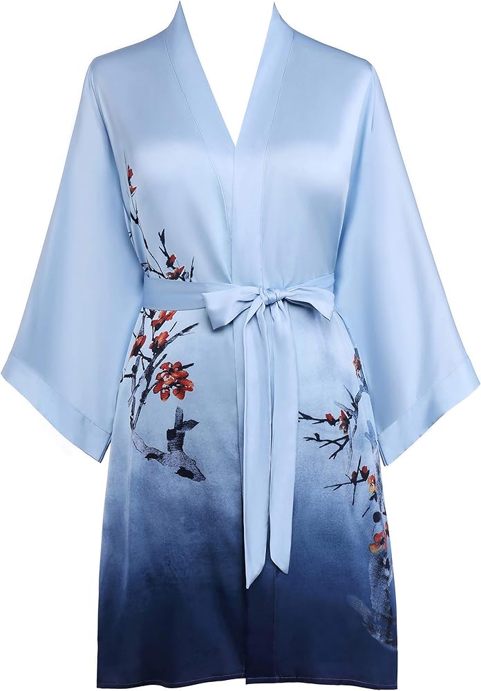 PRODESIGN Short Kimono Robe Satin Sleepwear Silky Kimono Nightgown Bathrobe Floral Kimono Cardigan Cover Up