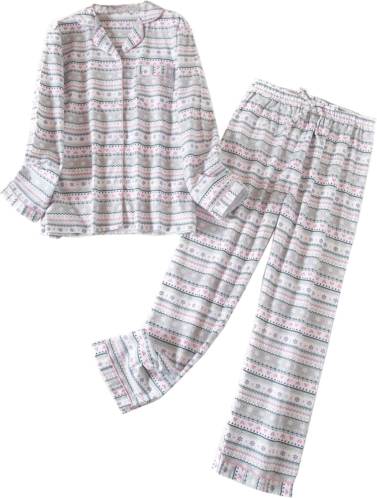 Women Pajamas Set Flannel Cotton Long Sleeve Button Down Top Pants Warm Sleepwear S-XL