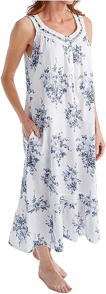 LA CERA Women's 100% Cotton Woven Sleeveless Floral Lace Yoke Gown 1211G