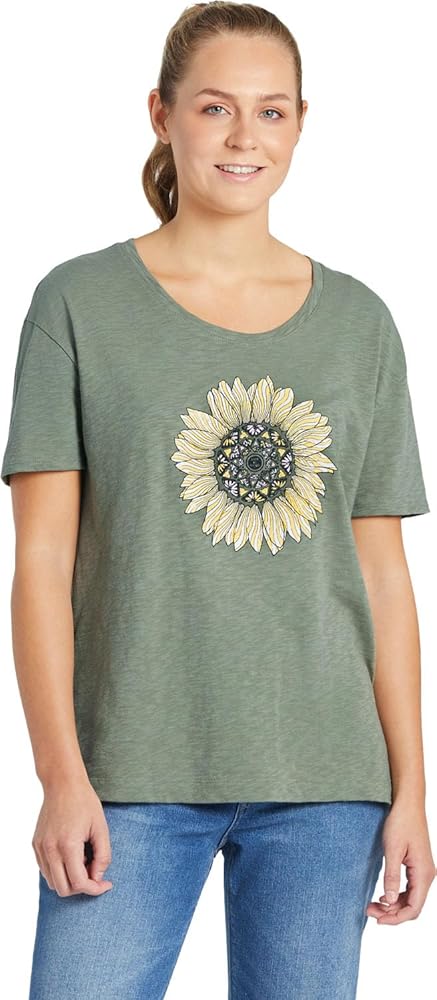 Life is Good. Women's Detailed Sunflower SS Relaxed Sleep Tee, Moss Green, Large