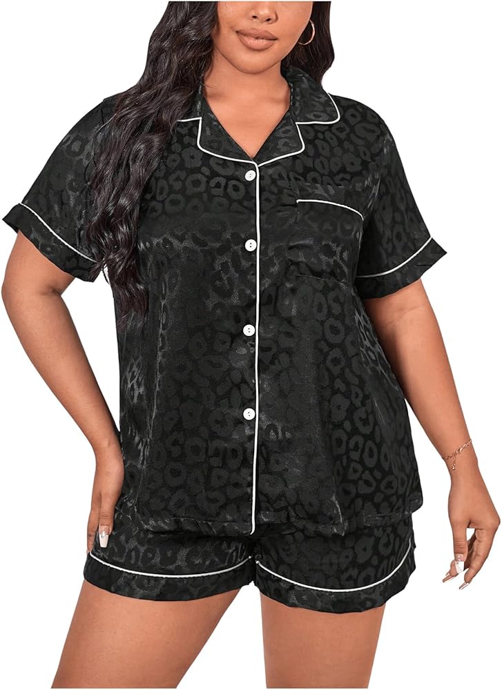 Verdusa Women's Plus Size Stain Pajamas Set Leopard Print Button Down Short Sleeve Top and Sleepwear Silk Shorts