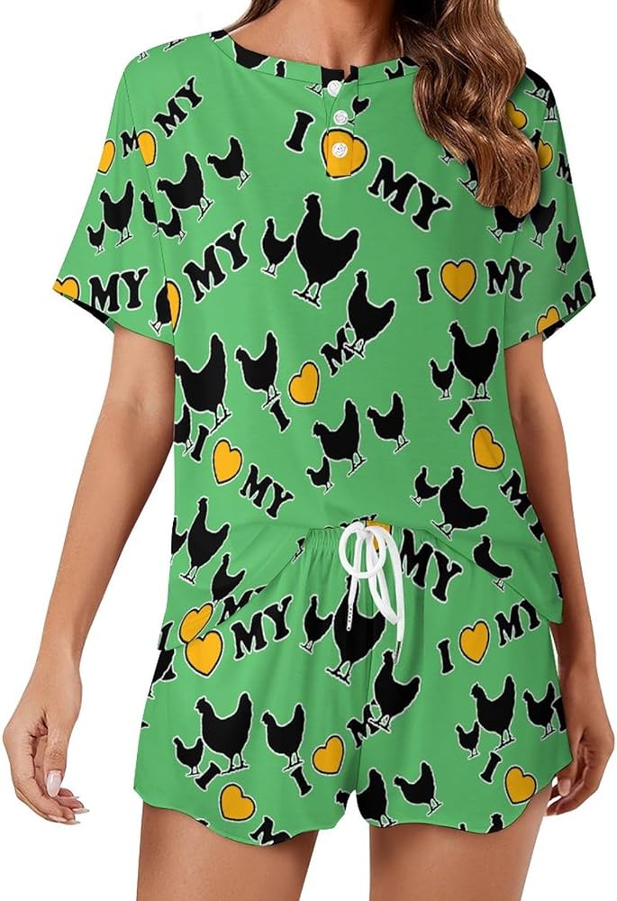 I Love My Chickens Classic Women's Pajamas Loungewear Set Loose Short Sleeve Sleepwear With Pockets