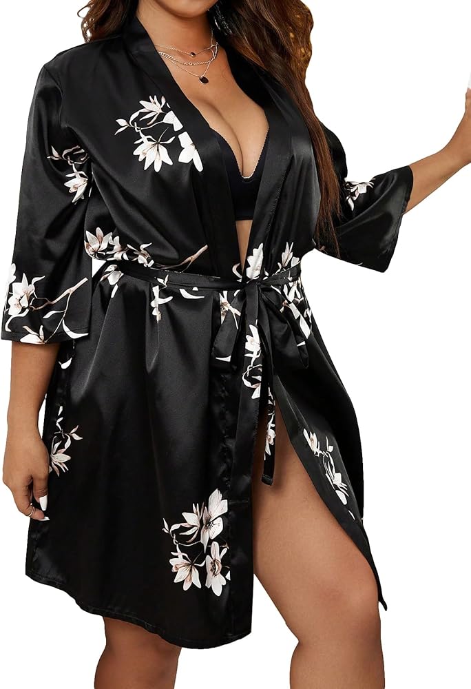 WDIRARA Women's Plus Size Satin Robe Floral Print 3/4 Sleeve Belted Kimono Silky Robe