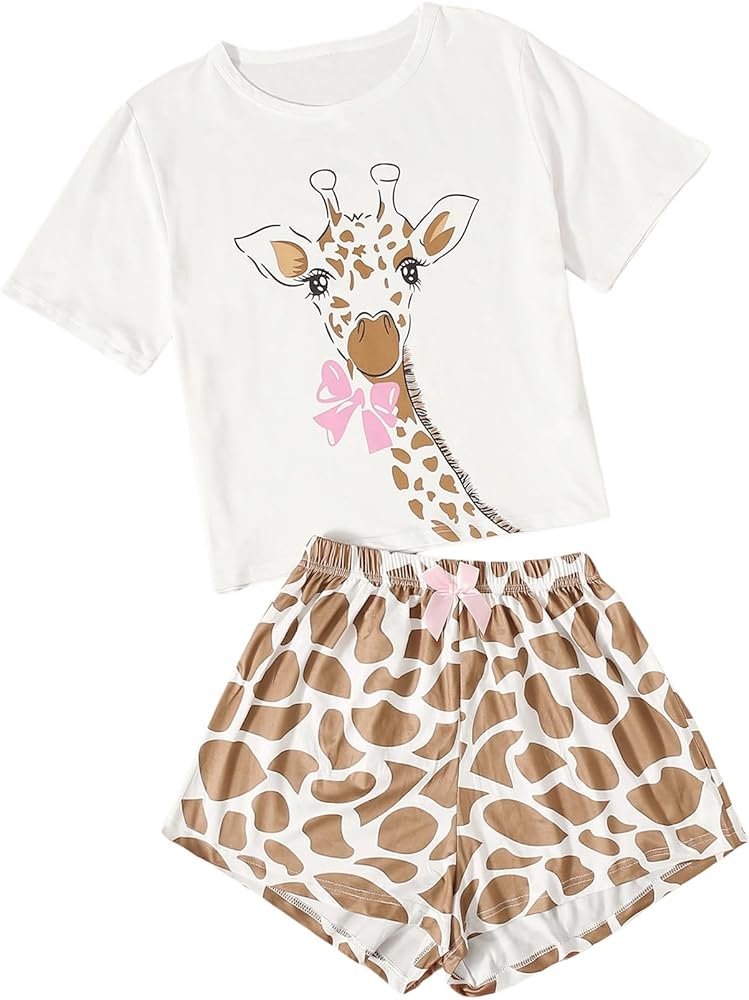 SOLY HUX Women's Cute Cartoon Print Sleepwear Short Sleeve Tee with Shorts Pajama Set Black Brown Giraffe Small