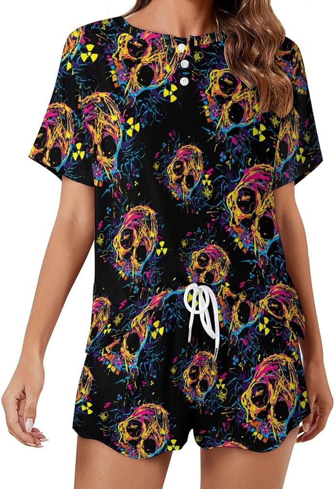 Skull Creative Ghost Festiva Women's 2 Piece Pajamas Short Sleeve Shorts Sleepwear Set Causal Loungewear Home Suit 5XL