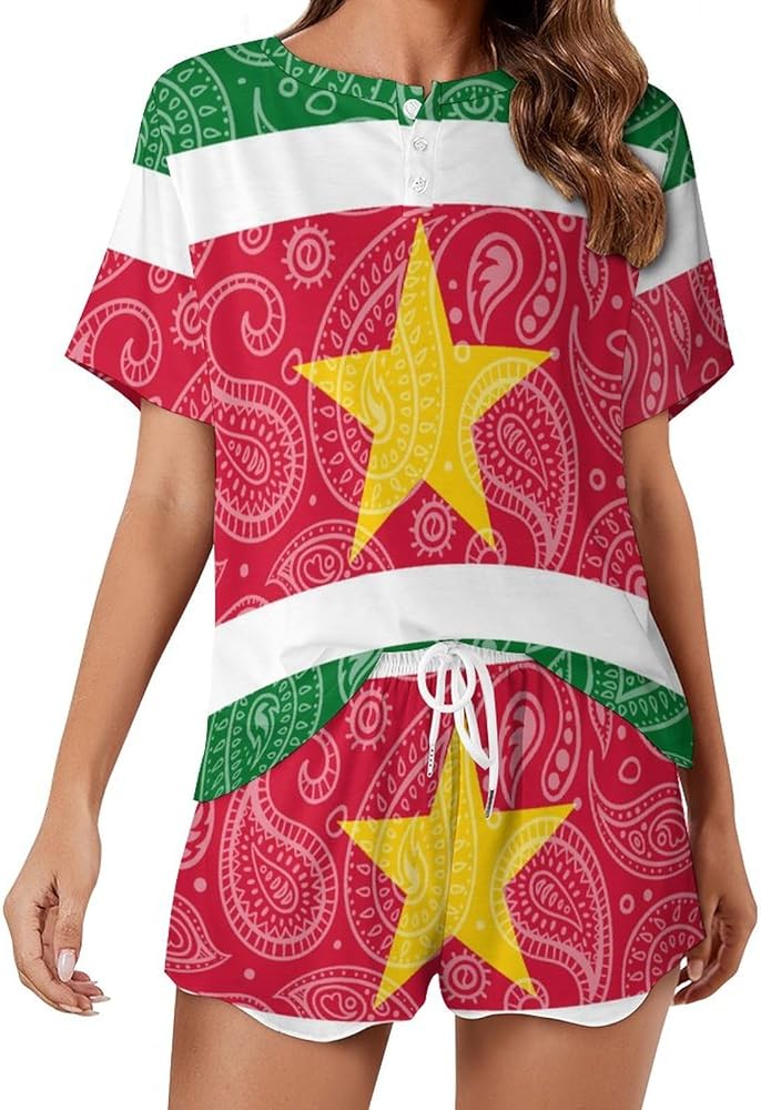 Paisley Suriname Flag Women's 2 Piece Pajamas Short Sleeve Shorts Sleepwear Set Causal Loungewear Home Suit 4XL