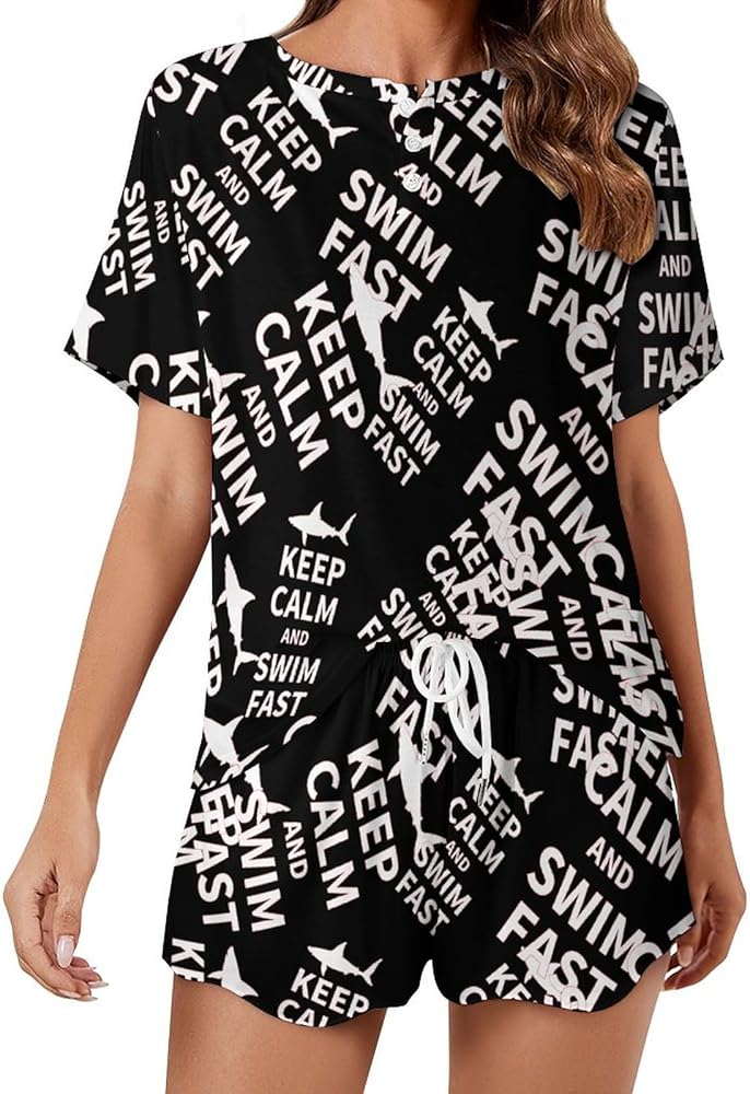 Shark Keep Calm And Swim Fast Women's 2 Piece Pajamas Short Sleeve Shorts Sleepwear Set Causal Loungewear Home Suit 4XL