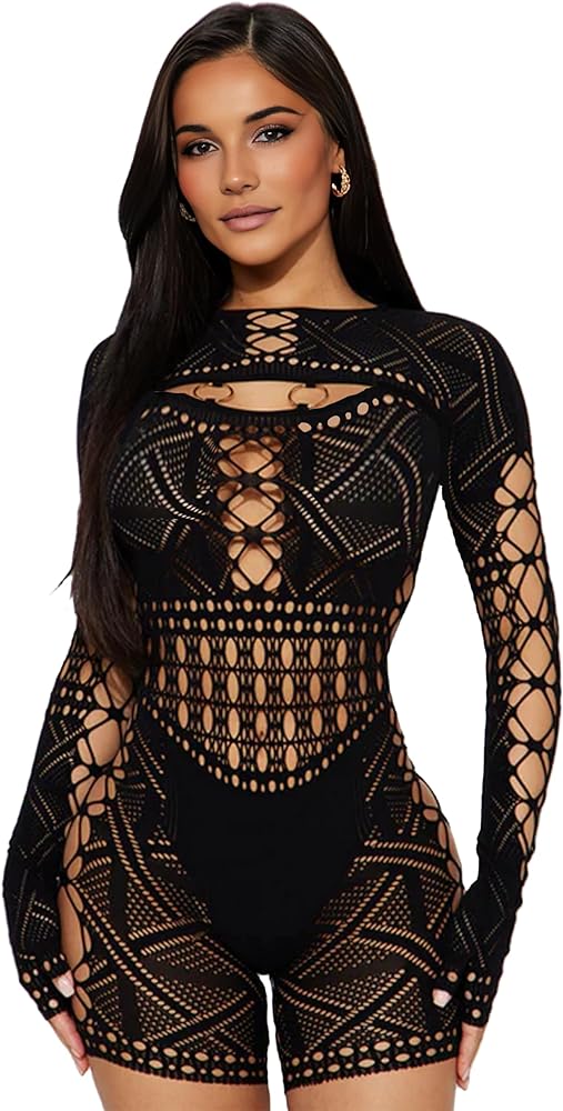 Women's Sexy Long Sleeve See Through Hollow Out Sheer Ultra Stretchy Mesh Bodysuit