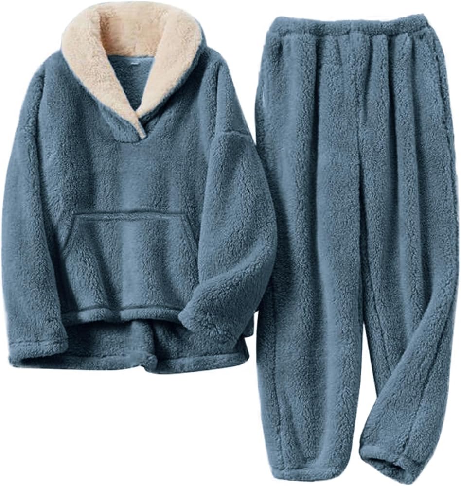 Flygo Women Fuzzy Warm Fleece Pajamas Sets Winter Flannel Sleepwear Fluffy Pajama Pullover Top Lounge Pants Set