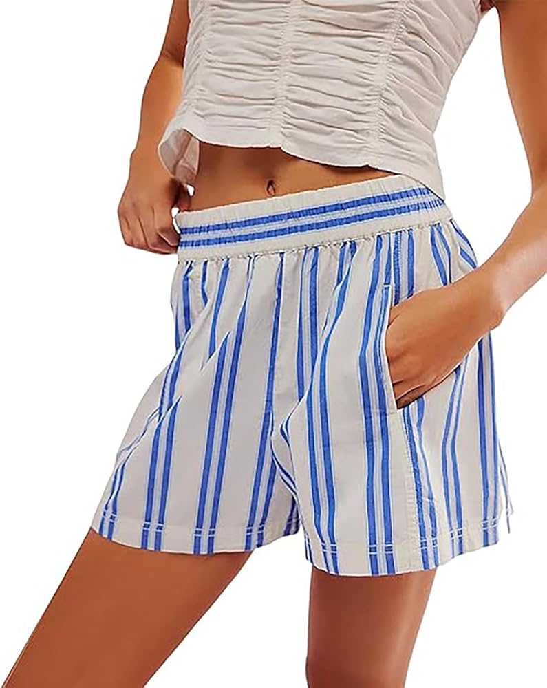 Women Striped Boxer Shorts Elastic High Rise Pull-On Wide Leg Casual Pajama Y2K Lounge Shorts with Pockets Sleepwear