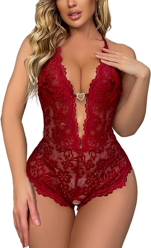 Women's Sexy Lingerie One Piece Women Deep V Teddy Floral Lace Bodysuit Babydoll