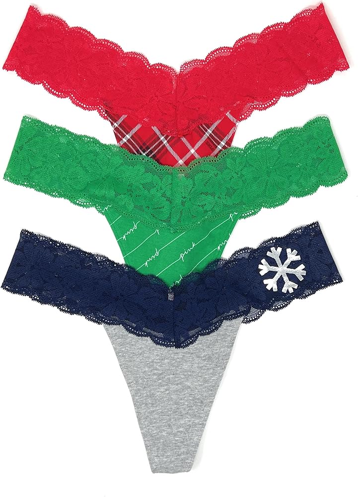 Victoria's Secret PINK Thong Panty Set of 3 Medium Lace Trim Red Plaid/Green Logos/Navy Gray Snowflake