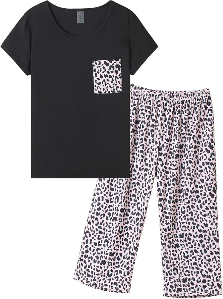 HONG HUI Women's Capri Pajama Sets Plus Size Pjs Top with Capri Pants 2 Piece Sleepwear Set