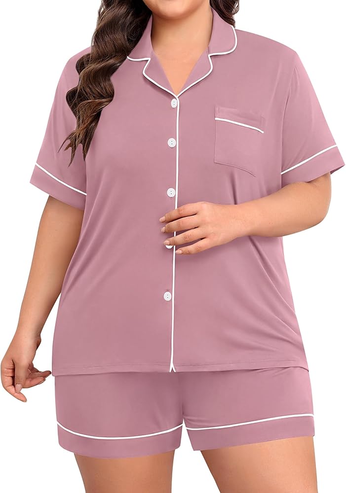 SWOMOG Women's Plus Size Pajama Set Button Down Short Sleeve Top and Shorts Sleepwear Soft Pj Lounge Sets with Pockets 18-26W