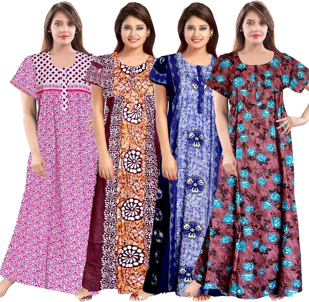 Women's Jaipuri Printed Soft 100% Cotton Indian full length lightweight Nighty, Nightgown or sleepwear XL Night Dress Pack of 4 - RosePink, Brown, Multicolor & (PO-4_579)