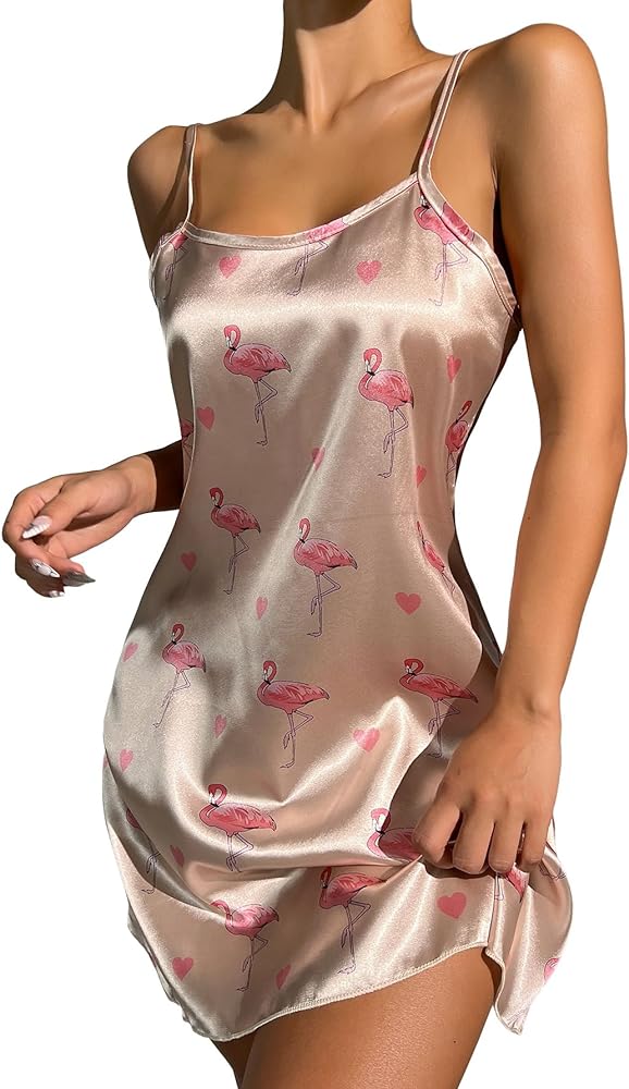 SOLY HUX Women's Silk Satin Flamingo Heart Print Nightgowns Sleepwear Slip Cami Mini Dress Champagne Print S