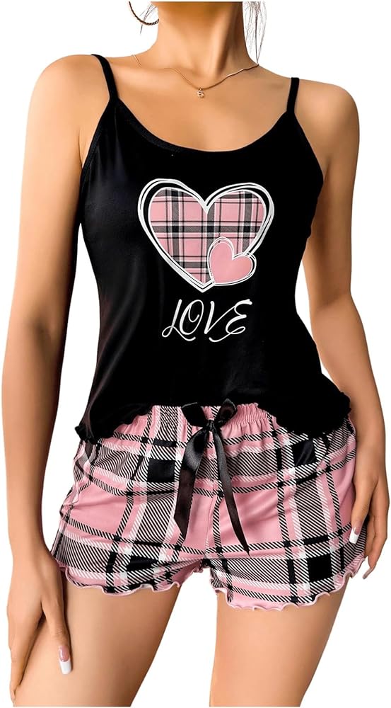 Verdusa Women's 2 Piece Pajama Set Plaid Print Cami Top and Shorts Sleepwear Lounge Set